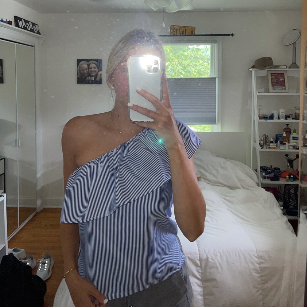 Blue And White Striped One Shoulder Top